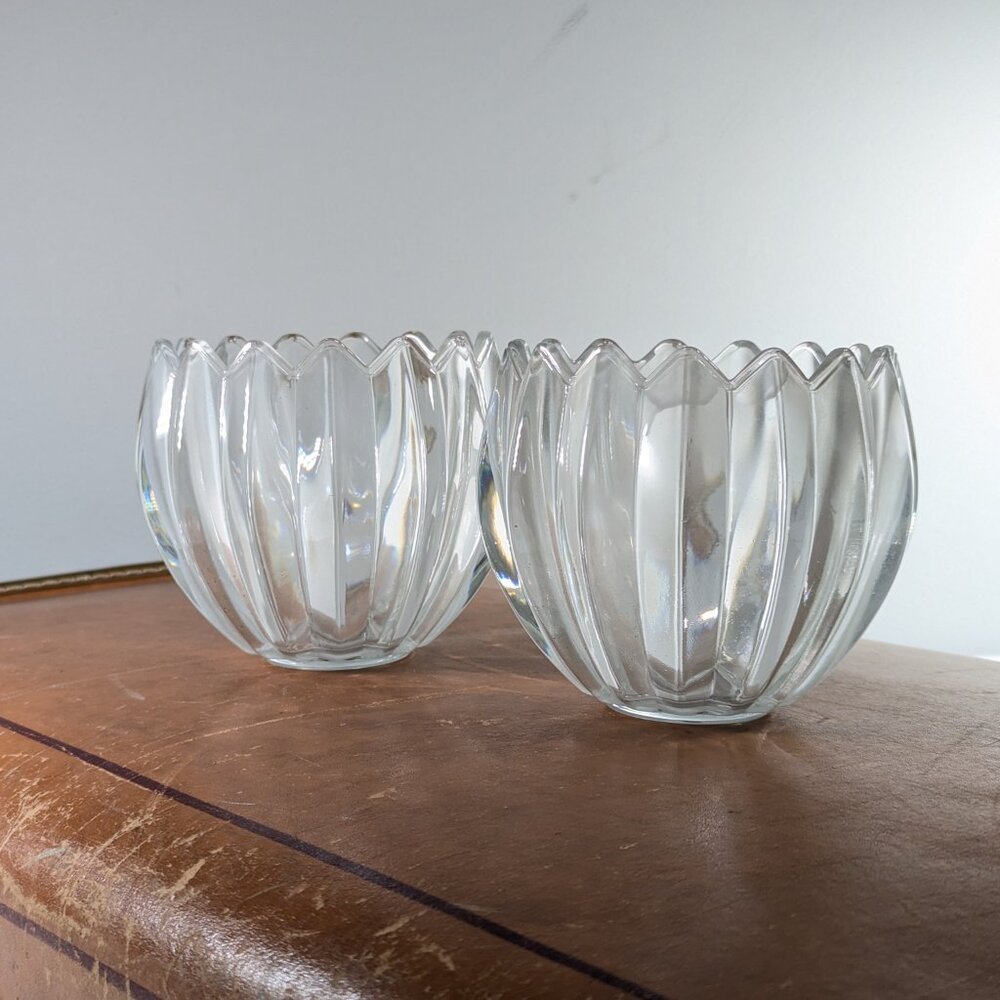 Set of 2 heavy glass tealight holders, lotus flower solid glass small vases